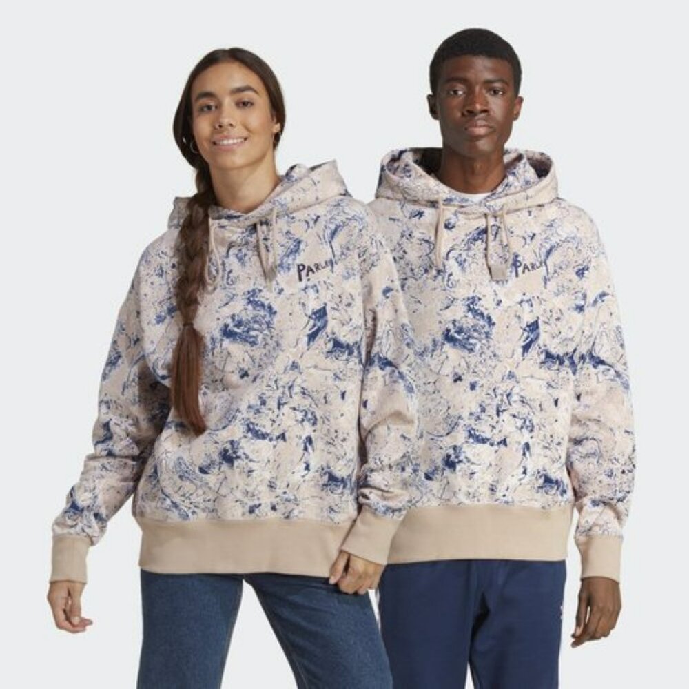 LARGE Adidas X PARLEY unisex HOODIE sweatshirt tan navy blue pattern mens women